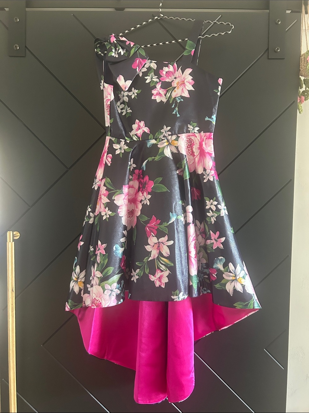 Rare Editions Black Floral High-Low Dress with Pink Lining